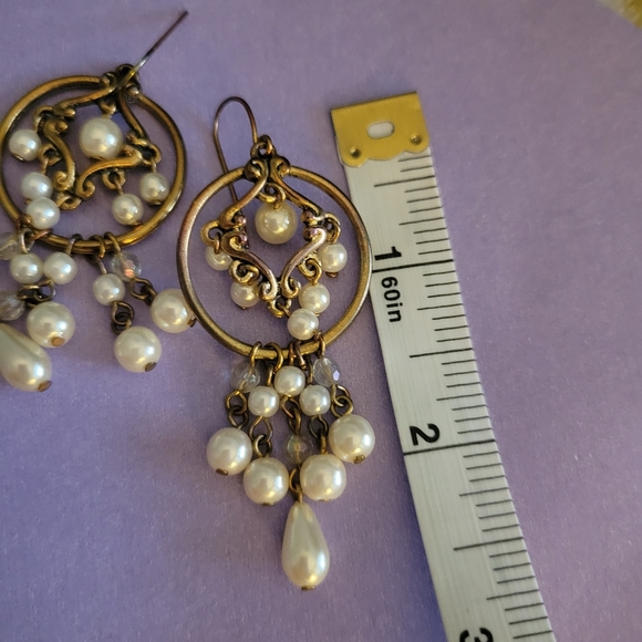 Chandelier Dangle Earrings Gold Tone with Faux Pearls - Picture 3 of 3